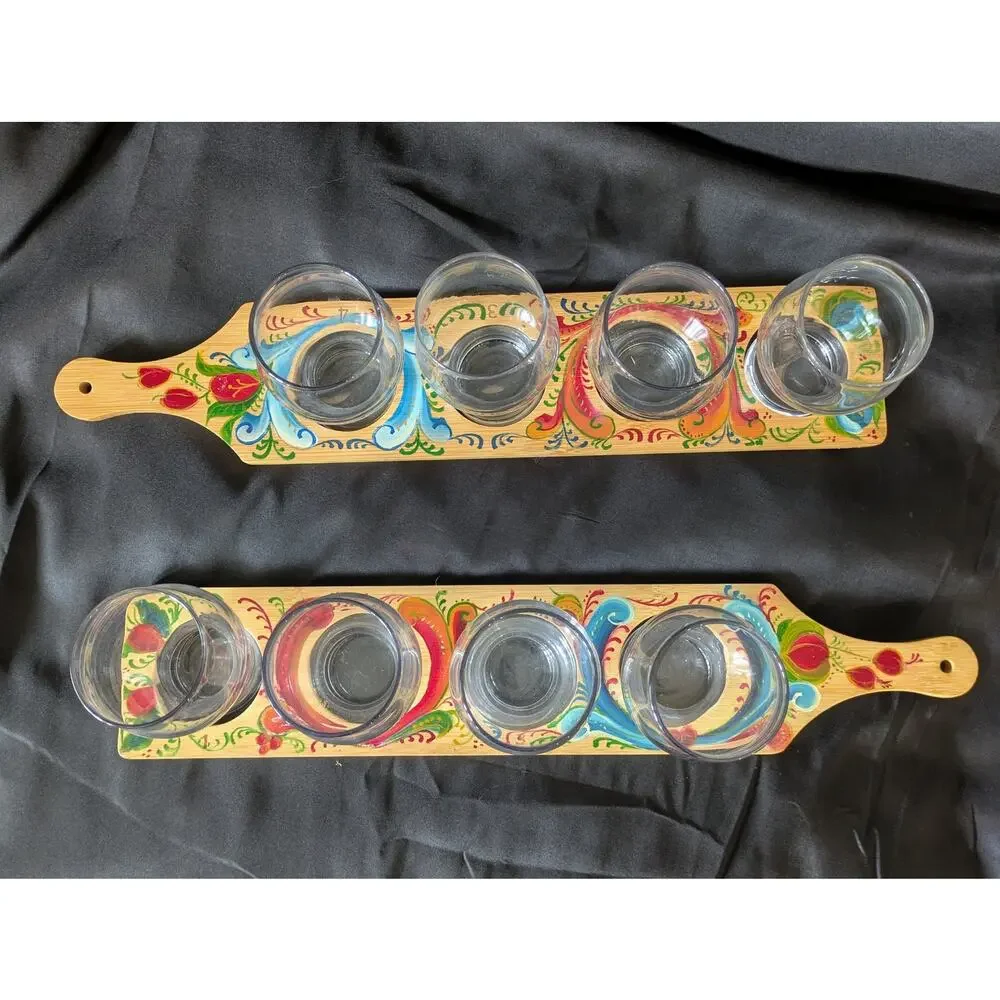 Hand Painted Wood Shot Glass Flight Boards Set of 2 Folk Art Rosemaling style